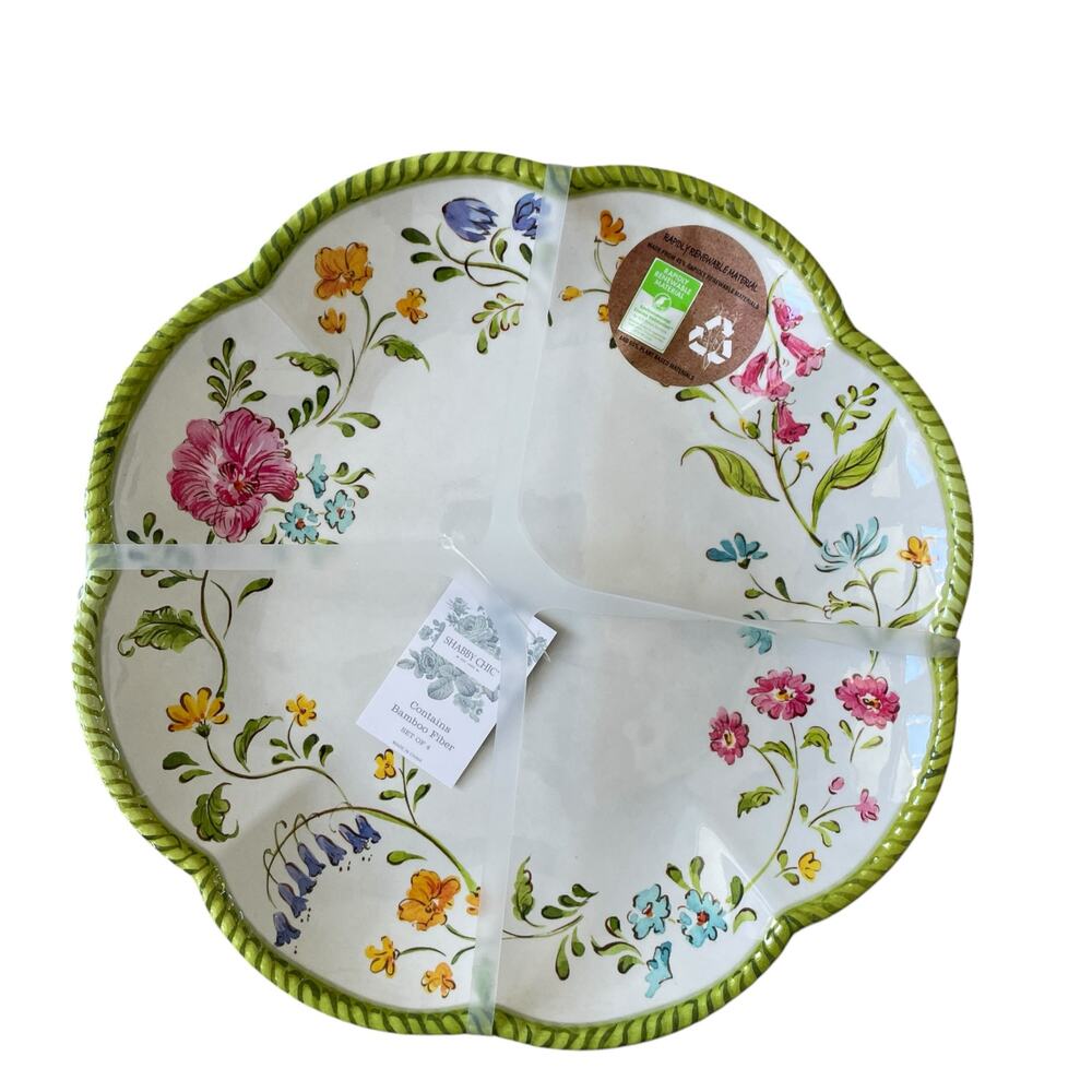 4pc Shabby Chic Floral Melamine Dinner Plates 11" Scalloped Green Border NEW